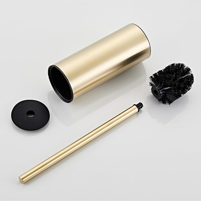 Toilet Brush and Holder Set, NEWRAIN 304 Stainless Steel Toilet Brush with Long Brush Handle, Brushed Gold Toilet Scrubber and Covered Holder, Round Design Sturdy and Space Saving, Covered Brush