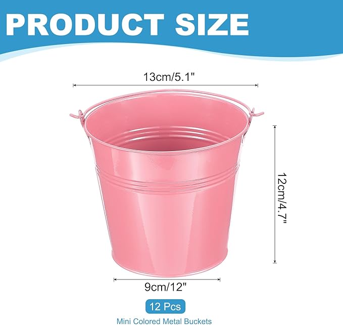 PATIKIL 5.1"x4.7" Small Metal Buckets with Handle, 12 Pcs Mini Galvanized Bucket Colorful Easter Buckets for Crafts Party Favors Decoration, Pink