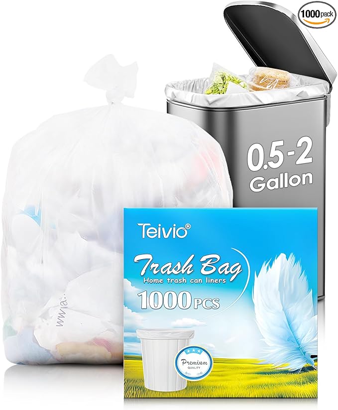 Small Trash bags 1000 Counts 0.5-2 Gallon Car Trash Bag Garbage Bags by Teivio,Office Waste Basket Liners,Bathroom Mini Trash Can Liners,fit 4.5-5 Liter,Small Plastic Bags for home office kitchen