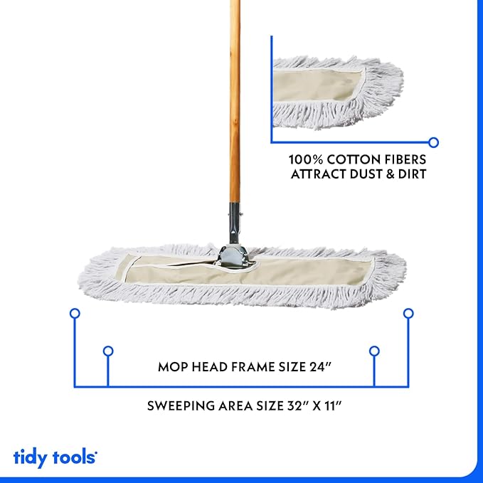 Commercial Dust Mop & Floor Sweeper, 24 in. Dust Mop for Hardwood Floors, Cotton Mop Head, Wooden Broom Handle, Industrial Dry Mop for Floor Cleaning & Janitorial Supplies