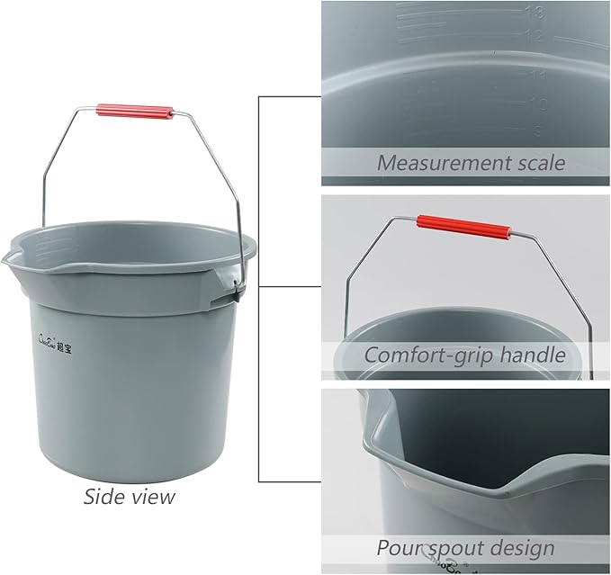 14 Quart Round Water Bucket with Grip Handle, 4 Pack Plastic Commercial Cleaning Pail, Grey