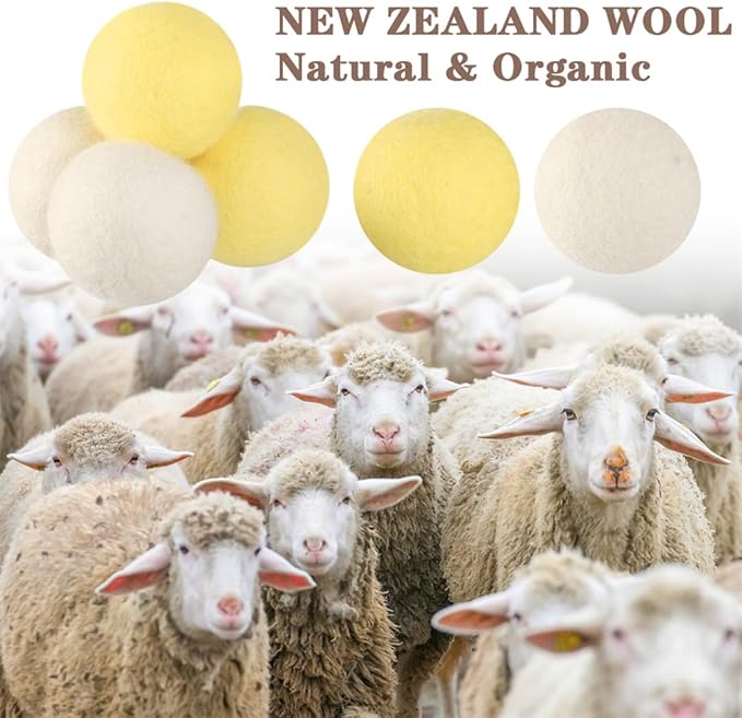 Wool Dryer Balls XL 6 Pack Pure Organic Wool Premium Reusable Fabric Softener New Zealand Sheep Wool Ball for Dryer Natural Fabric Softener Saves Drying Time