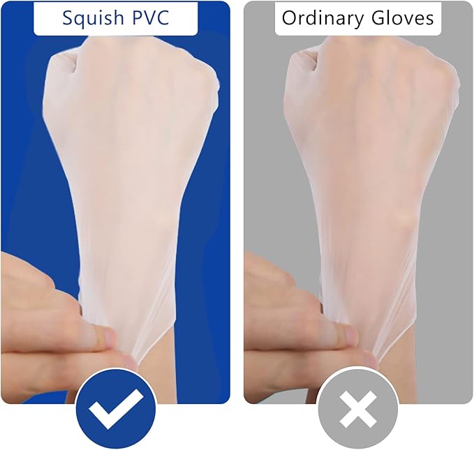 squish Disposable Gloves, Clear Vinyl Gloves 4 mil Thick Gloves Latex Free Powder-Free Glove Cleaning Rubber Glove Health Gloves for Kitchen Cooking Cleaning Food Handling, 100PCS*2Pack, Large
