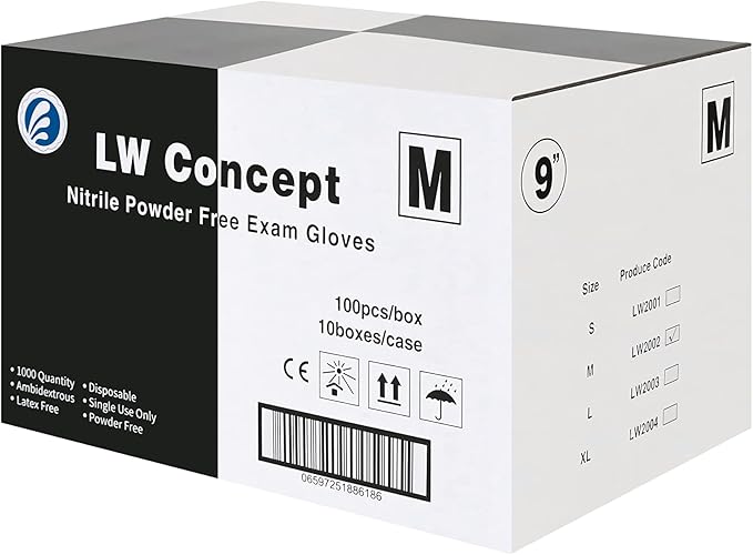 LW Concept - Black Nitrile Examination Gloves - Latex & Powder-Free, Disposable, Strong, Healthcare, Food Handling (Medium)