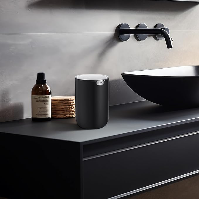 EKO Mini Desk Trash Can with Swing-Top Lid 0.4 Gallon Small Table Round Wastebasket for Office, Home, Car (Black)