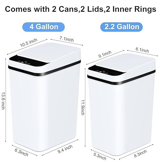 Bathroom Trash Cans with Lid 2 Pack Touchless Automatic Motion Sensor 2.2 Gal & 4 Gal Small Garbage Can, Smart Electric Narrow Garbage Bin for Bedroom Office Kitchen (White)