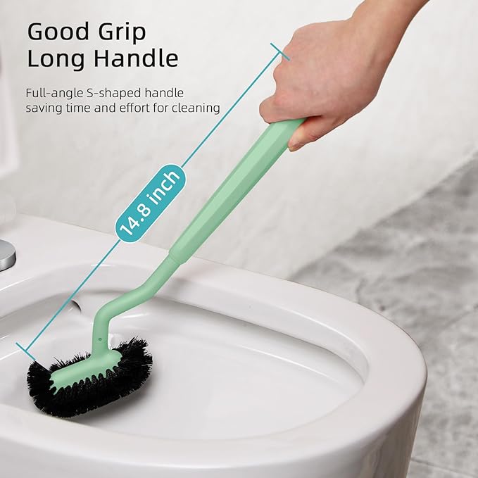 HAMITOR Toilet Bowl Brush Holder Set: Bathroom Deep Cleaning Toilet Cleaner Scrubber Under Rim with Curved Bristle for Dead Corner Clean - Hidden Rv Toilet Decorative Accessories with Caddy- Green