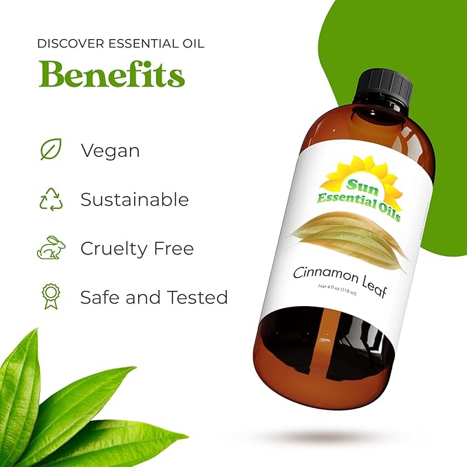 Sun Essential Oils Cinnamon Leaf Essential Oil 4oz Bottle for Humidifier, Diffuser, Soaps, Candles, Aromatherapy, Home Care, and Soap Making