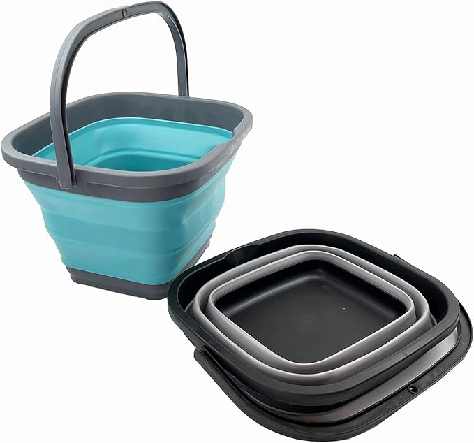 SAMMART 10L (2.6 Gallon) Collapsible Rectangular Handy Bucket (Alloy Grey + Crystal Blue (Set of 2))