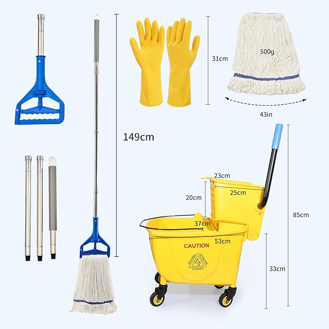 35QT Side-Press Mop Bucket and Wringer Combo on Wheels, Yellow,Including One Heavy Duty Industrial Mop and One Set Large Rubber Cleaning Gloves