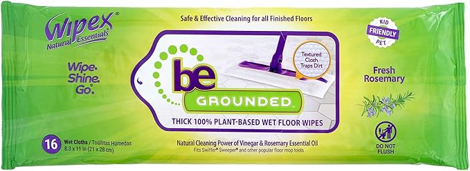 Wipex Wet Floor Wipes - Natural Wet Mop Pads Fit Swiffer Sweeper Mop - Rosemary Essential Oil & Vinegar & Plant-Based Textured Cloth Trap Absorb Dirt, Floor Cleaner Pads, 16 Count (Pack of 3)