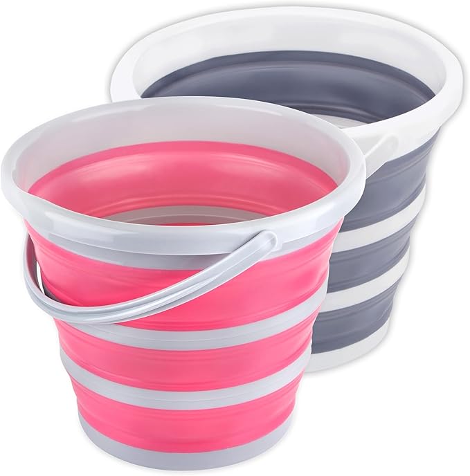 Collapsible Bucket 10L 2.6 Gallon Cleaning Bucket Mop Bucket Folding Foldable Portable Small Plastic Water Supplies for Outdoor Garden Camping Fishing Car Wash Space Saving Grey and Pink