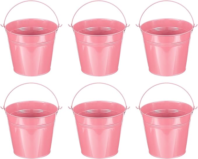 PATIKIL 5.9"x5.1" Small Metal Buckets with Handle, 6 Pcs Mini Galvanized Bucket Colorful Easter Buckets for Crafts Party Favors Decoration, Pink