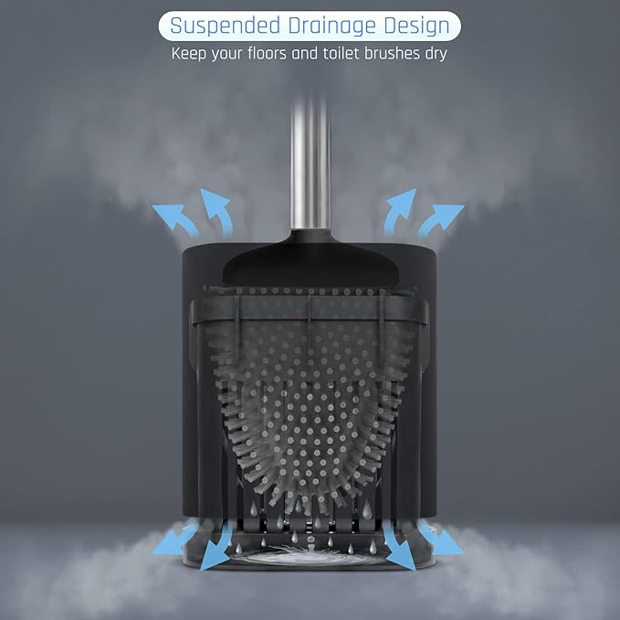 Sellemer Toilet Brush and Holder Set - Flexible Toilet Bowl Brush Head with Silicone Bristles, Compact Size for Storage and Organization, Ventilation Slots Base (2 Pack, Black)