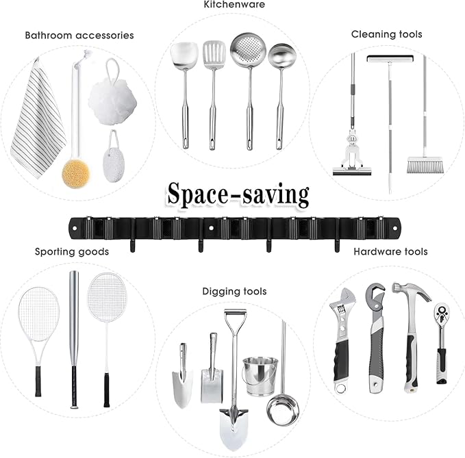 Black 5 Racks and 4 Hooks Mop and Broom Holder Wall Mount, Broom Organizer Storage Tool Racks Stainless Steel Heavy Duty Hooks Self Adhesive Solid Non-slip for Home Kitchen Garden Laundry Garage