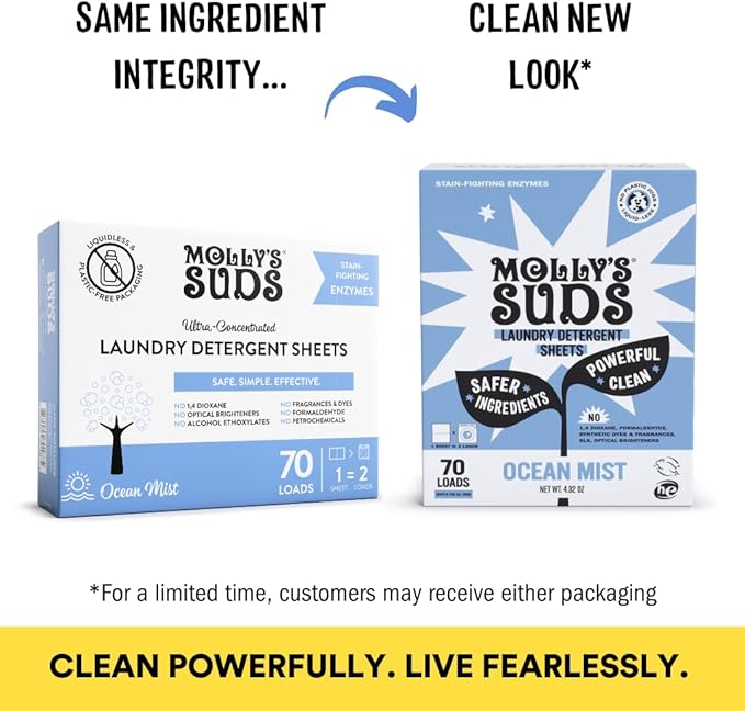 Molly’s Suds Laundry Detergent Sheets | Gentle on Sensitive Skin, Powerful Bio-Based Enzymes, Stain-Fighting | Liquidless & Plastic-Free Packaging | 70 Loads (Ocean Mist)