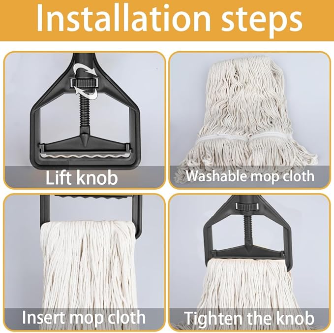 Wet String Mop for Floor Cleaning, Heavy Duty Mop with 2 Reusable Heads, Long Handle Industrial Cotton Mop for Restaurant Home Garage Office Patio Warehouse (Black)