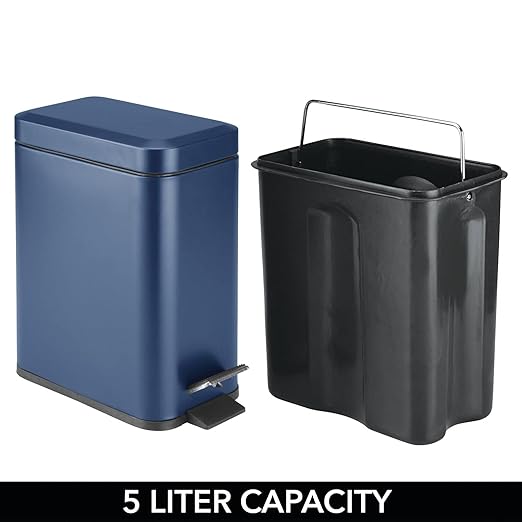 mDesign Small Modern 1.3 Gallon Rectangle Metal Lidded Step Trash Can, Compact Garbage Bin with Removable Liner Bucket and Handle for Bathroom, Kitchen, Craft Room, Office, Garage - Navy Blue