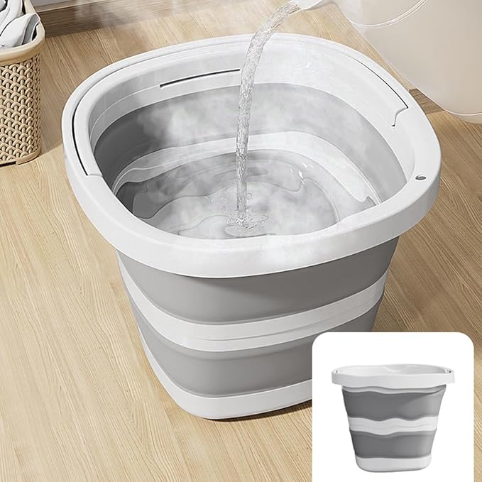 Collapsible Bucket Set, 2.6 Gallon, 2-Pack with Handles, Foldable Design for Camping, RV, Cleaning, Gray and Beige