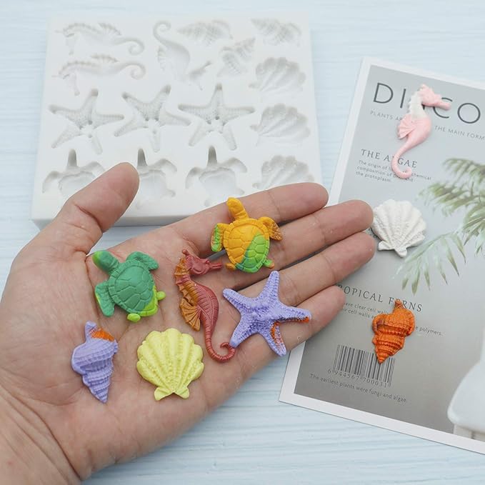 Sakolla Marine Theme Fondant Silicone Molds, Seashell, Conch, Seahorse, Starfish, Tortoise Silicone Mold for Cake Decoration, Chocolate Candy Sugar Craft
