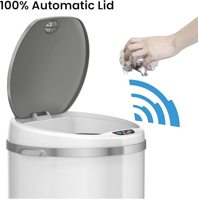 iTouchless 50 Liter / 13 Gallon Sensor Kitchen Trash Can with Odor Filter – Slim Round White Stainless Steel Automatic Garbage Recycling Bin for Home, Office, Business, Garage
