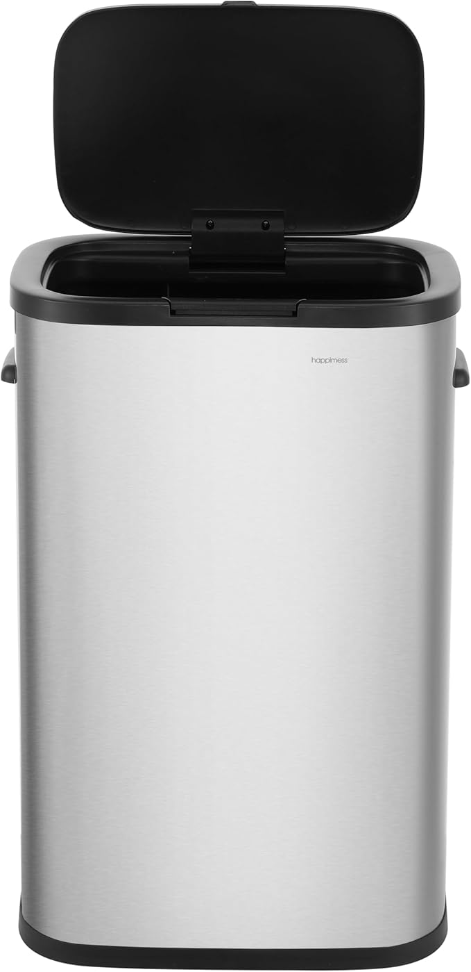 happimess HPM1017A Tammi Kitchen 14.5-Gallon Slim Metal Push Button Trash Can, Fingerprint Resistant, Modern, Minimalistic for Home, Kitchen, Laundry Room, Office, Bedroom, Bathroom, Platinum Silver