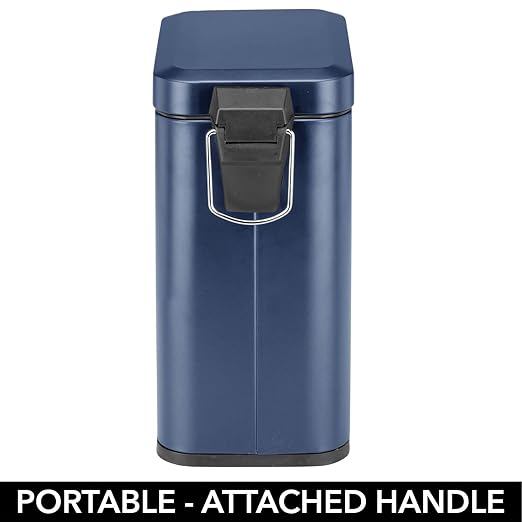 mDesign Small Modern 1.3 Gallon Rectangle Metal Lidded Step Trash Can, Compact Garbage Bin with Removable Liner Bucket and Handle for Bathroom, Kitchen, Craft Room, Office, Garage - Navy Blue