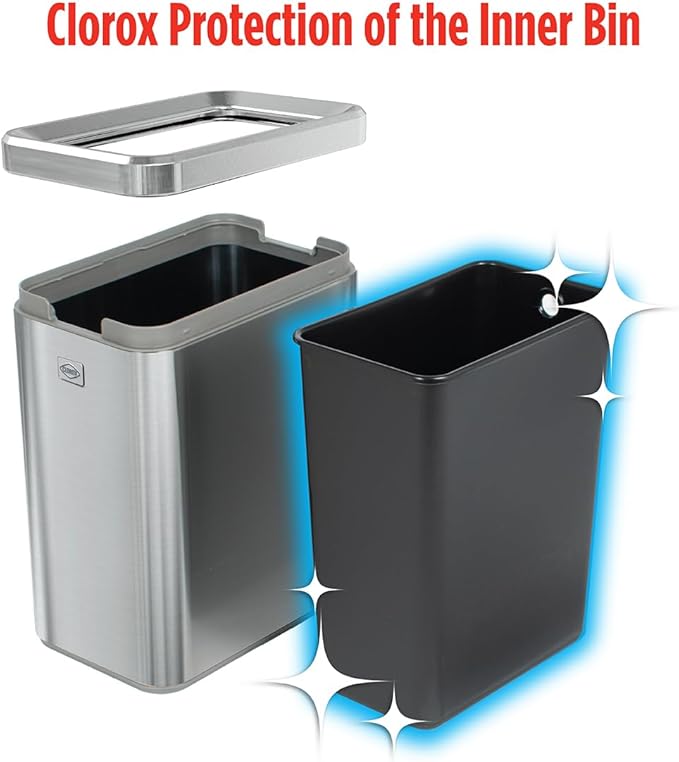 CLOROX Slim Open Trash Can - 2.6 Gallon (10 Liter) Small Metal Waste Basket with Removable Bucket for Narrow Spaces - Stainless Steel Garbage Bin for Bathroom, Bedroom, or Office