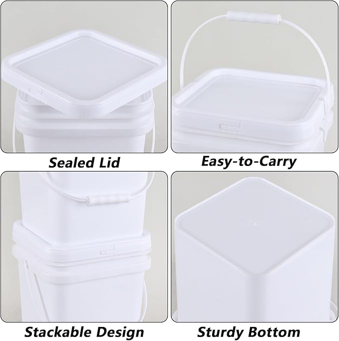 4.8 Gallon Plastic Square Bucket with Lid, 4 Pack White Food Bucket Pail with Handle