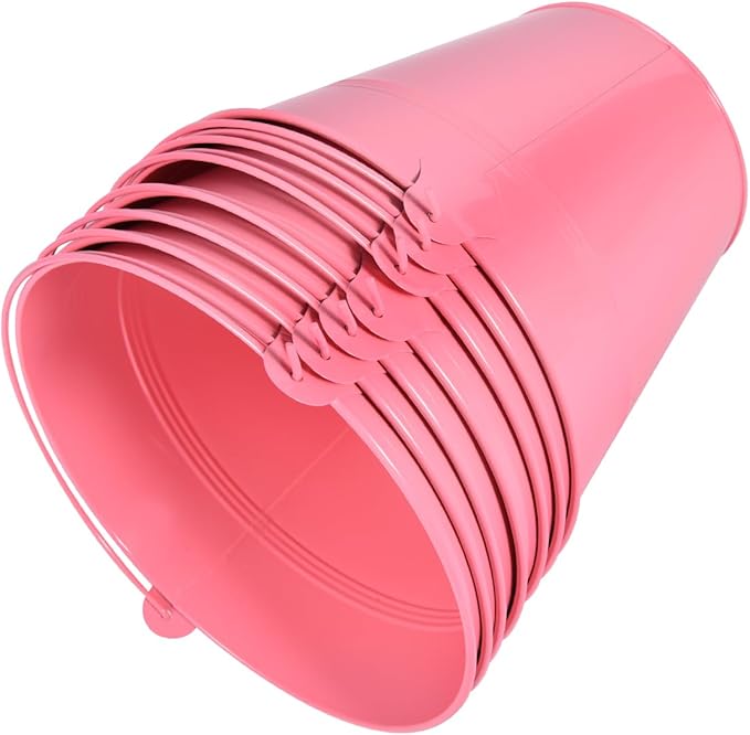 OBTANIM 7 Pack Pink Metal Buckets with Handle Galvanized Ice Pails for Plants, Succulents, Party Favors Organizing, Rustic Home Decor or Classrooms Pencil Storage (9.1 x 6.7 inch)