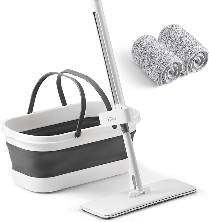 Oshang Flat Mop and Collapsible Bucket OG7 with Wheels, 2 Washable Reusable Microfiber Pads, Pure White