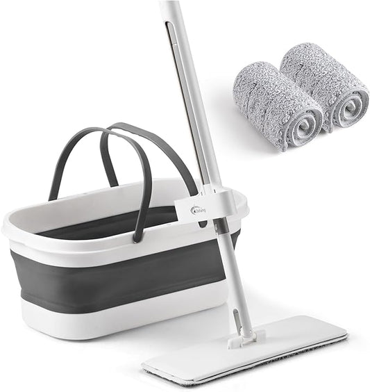Oshang Flat Mop and Collapsible Bucket OG7 with Wheels, 2 Washable Reusable Microfiber Pads, Pure White