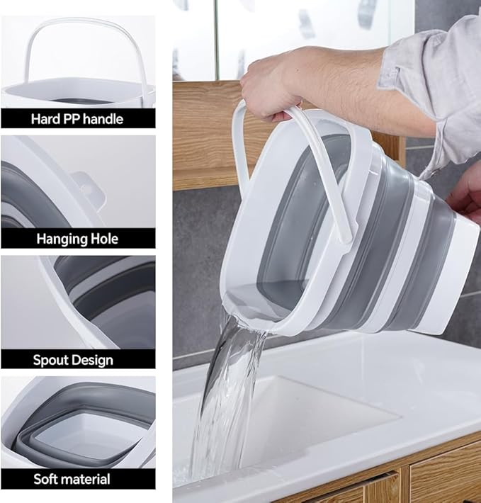 2 Pack Collapsible Plastic Bucket with Handle 2.6 Gallon (10L) Each Foldable Rectangular Tub for Cleaning Camping Essentials Space Saving Outdoor Portable Bucket for Camping