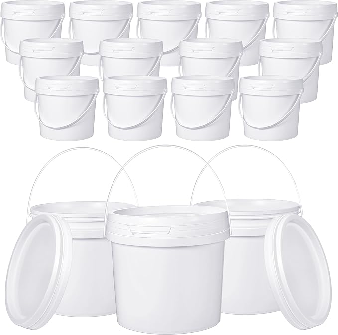 Leinuosen 16 Pcs 1 Gallon White Plastic Bucket with Handle and Lid Reliable Heavy Duty Barrel Pail Container Food Safe Bucket for Multipurpose Storage Paint Art Crafts Projects