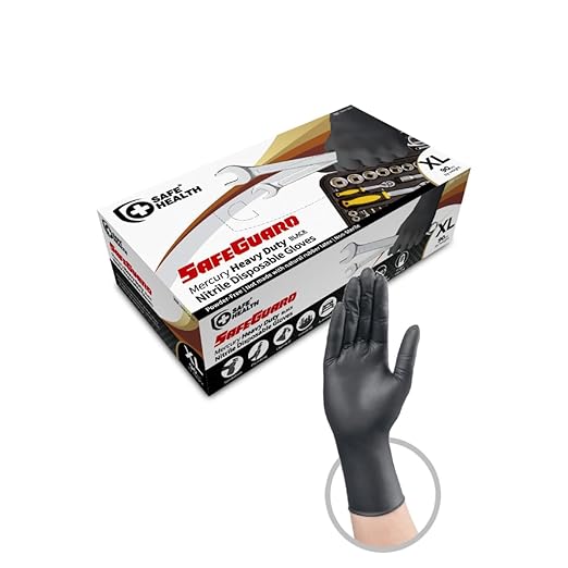 Safe Health HD Industrial Nitrile Black Disposable Gloves, Heavy Duty, 5 Mil, Box of 90, Xlarge, Latex Free, Powder Free, Oil Grease Resistant, Automotive, Mechanic, Maintenance