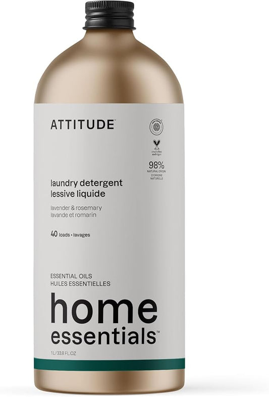 ATTITUDE Laundry Detergent with Essential Oils, EWG Verified, Vegan, Plant and Mineral-Based Ingredients, HE, Refillable Aluminum Bottle, 40 Loads, Lavender and Rosemary, 33.8 Fl Oz