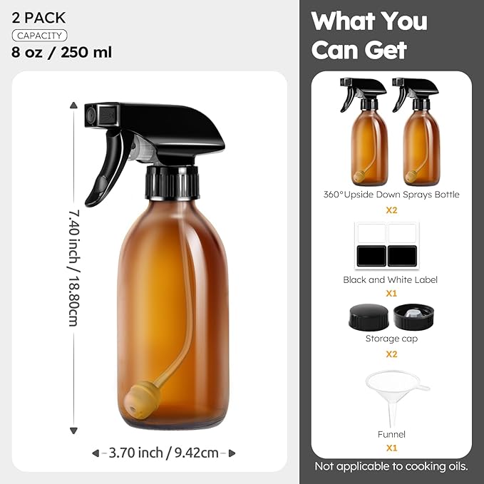Tecohouse Amber Glass Spray Bottles 8oz, 2 Pack 360° Water Spray Bottle for Cleaning Upside Down Spray Bottles Mister Squirt Bottle with Adjustable Nozzle for Hair, Plant, Pet