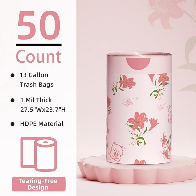 13 Gallon Trash Bags Drawstring, 50 Count Tall Kitchen Trash Bags, Sturdy Large Trash Bags, Lily Printed Garbage Bags 13 Gallon Tall Kitchen, Tear Resistant Kitchen Garbage Bags for Kitchen