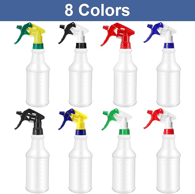 Eccliy 20 Pack 16oz Empty Spray Bottles, Leakproof Cleaning Bottles with Measurement and Adjustable Nozzle for Housekeeping, Commercial Use(Cylinder,8 Colors Spray Head)