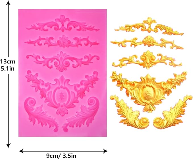Rainmae 6 Pcs Baroque Style Curlicues Scroll Lace Fondant Silicone Mold, Relief Flower Lace Mould Filigree Mold 3D Sculpted Decoration, Cupcake Topper, Jewelry, Polymer Clay, Crafting Projects
