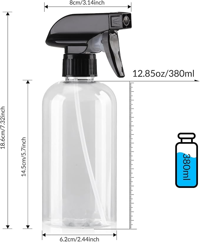 Spray Bottle for Plant - 12.85oz/380ml Fine Mister Plastic Empty Spray Bottles, Clear Water Spray Bottle for Plants, Hair, Cleaning - BPA Free - Leak Proof