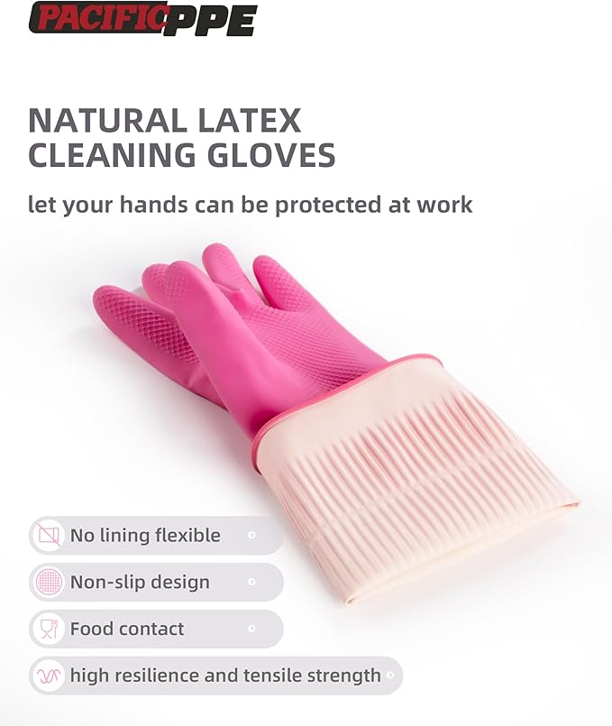 PACIFIC 2 Pairs Reusable Rubber Gloves for Washing Dishes and Cleaning Tasks, Water Resistant Household Gloves for Kitchen Bathroom, Grippy Latex Dish Washing, Pink, Meidum
