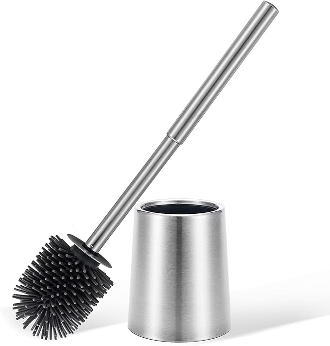 SUS304 Stainless Steel Toilet Brush and Holder Toilet Brush Bowl Cleaning Brush Double Layer Holder Long Brush Handle High Density Silicone Head