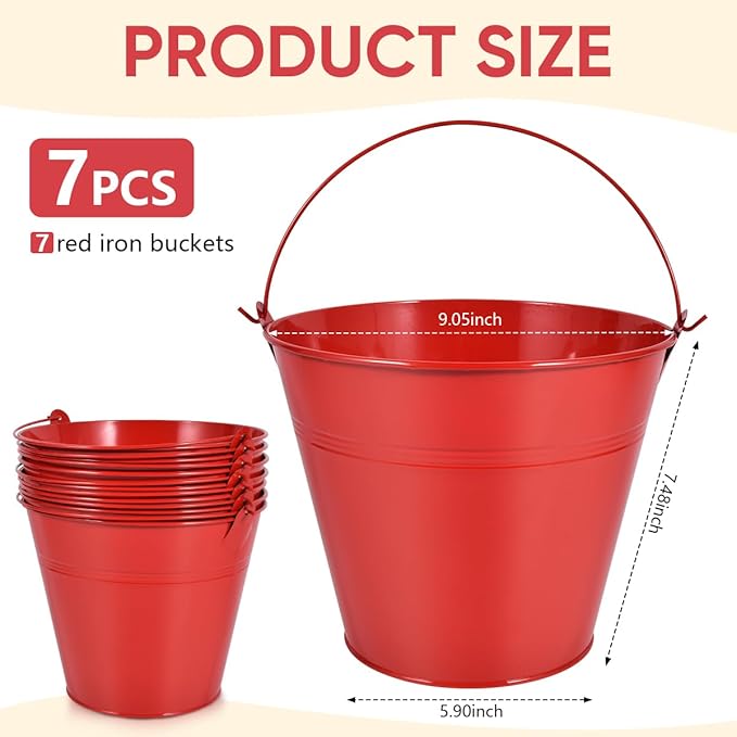 OBTANIM 7 Pack Red Metal Buckets with Handle Galvanized Ice Pails for Plants, Succulents, Party Favors Organizing, Rustic Home Decor or Classrooms Pencil Storage (9.1 x 6.7 inch)