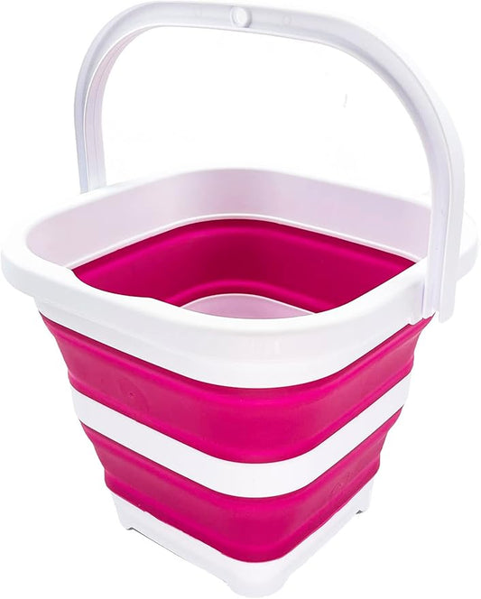 SAMMART Collapsible Rectangular Cleaning Bucket 5L (1.3 Gallon)- Foldable Camping Beach Sand Water Pot Pail- Portable Space Saving Tub for Household, Outdoor Car Washing (White/Flamingo)