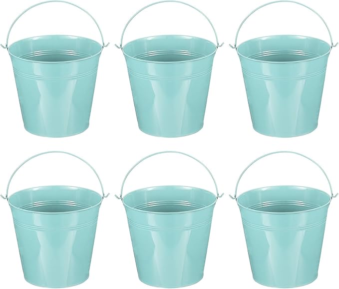 PATIKIL 7"x6.4" Small Metal Buckets with Handle, 6 Pcs Mini Galvanized Bucket Colorful Easter Buckets for Crafts Party Favors Decoration, Light Blue