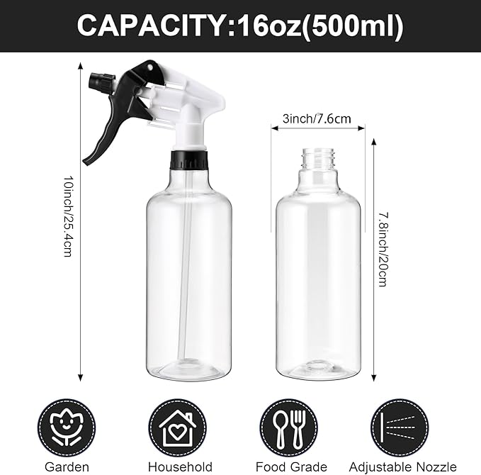 Eccliy 12 Pcs 16 Oz Plastic Spray Bottle, Adjustable Empty Reusable Sprayer for Cleaning, Planting, Water, Bathroom and Kitchen, BBQ, Commercial and Residential (Black,Clear)