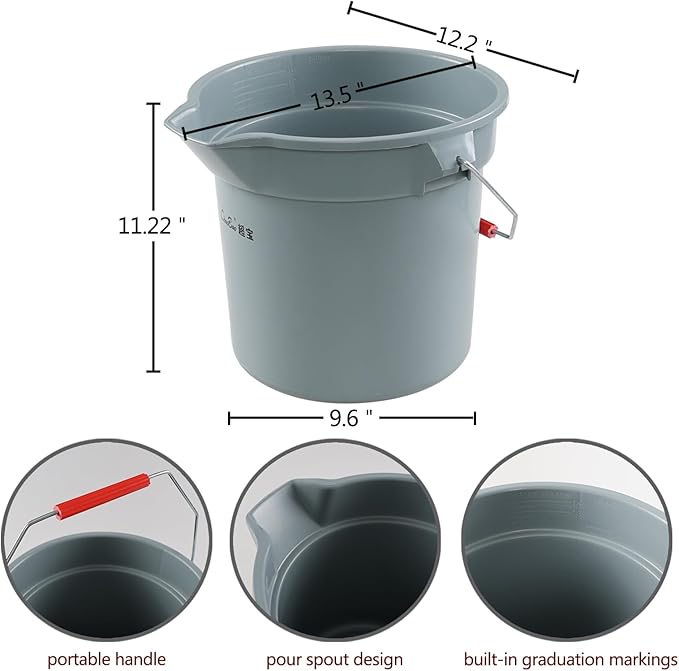 6-Pack 14 Quart Plastic Cleaning Round Bucket with Handle, Commercial Cleaning Pail, Gray