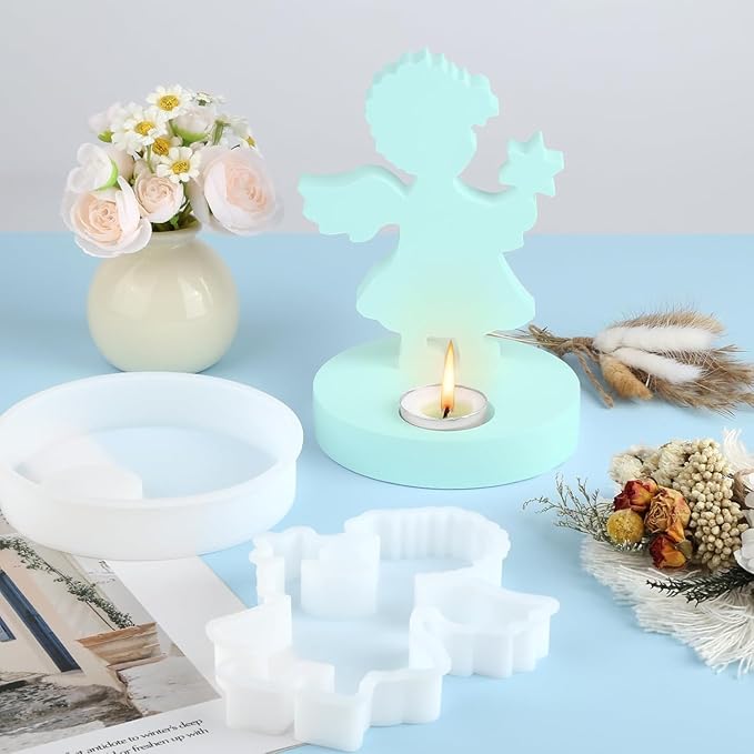 Silicone Mold, Boy Angels Holding Stars in Their Hands, Silicone Casting Molds with Base, Silicone Casting Mold Candle Holder for Soy Wax, Cement Gypsum Decorative Ornaments