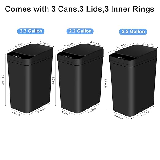 Bathroom Automatic Trash Can 3 Pack 2.2 Gallon Motion Sensor Touchless Small Slim Garbage Can with Lid Smart Electric Narrow Garbage Bin for Bedroom Living Room Office Kitchen (Black)